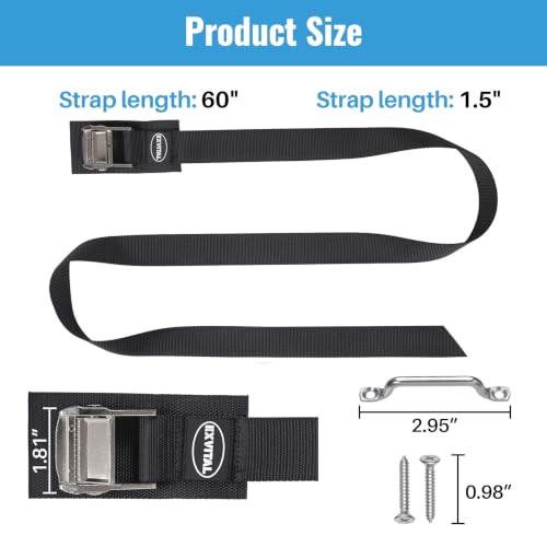 Image of EXVITAL Battery Tie Down Strap Hold Down Kit, 1.5 inch x 60 inch Cooler Tie Down Kit with Non-Rusting Cam Buckle, Stainless Steel Bracket & SS Screws for RV Battery,Luggage Belt (1 Pack)