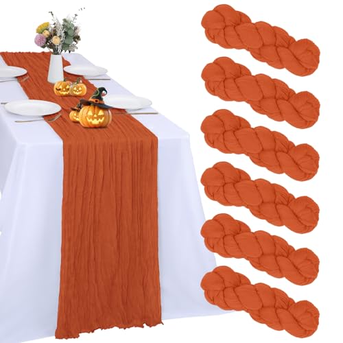 RestfulGlow 6 Pack Orange Cheesecloth Table Runner 10FT Boho Gauze Fabric Table Runner 35 x 120 Inch Rustic Sheer Runner for Fall Centerpiece Wedding Decor Party Boho Table Decoration(Orange)