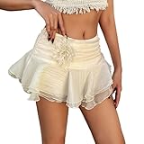 Minifalda Pantalón Elegante con Volantes para Mujer Atuendo Casual de Verano Ideal para Vacaciones y Playero con Diseño Floral (Beige, XL)