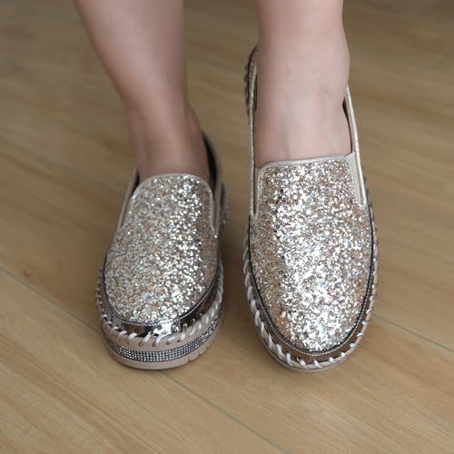 Image of Women's Platform Rhinestones Glitter Fashion Sneakers Comfortable Slip On Flat Loafers Walking Wedding Dress Shoes Casual Shoes