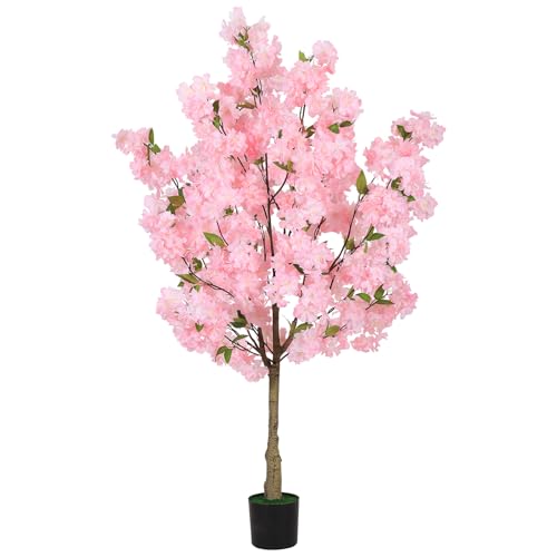 Cherry Blossom Artificial Tree, Fake Tree Faux Silk Plant with Plastic Nursery Pot, Artificial Plants for Home Office Indoor Decor (Pink, 4FT)