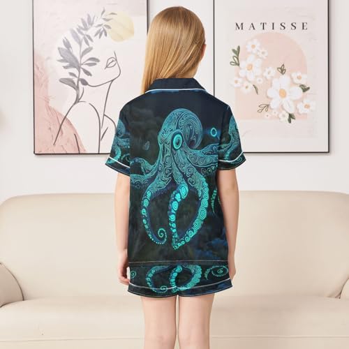 ALAZA Green Octopus Ocean Sea Satin Pajamas Set Short Sleeve Button Down Sleepwear Summer Pjs 2 Piece4