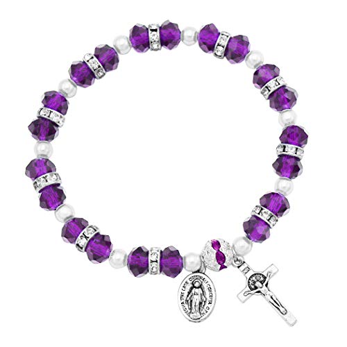 Rosemarie Collections Women's Beaded Stretch Rosary Bracelet with Crucifix and Miraculous Medal Purple