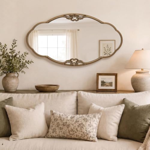 Image of Besdomus Vintage Scalloped Wall Mirror: 40 inchx22 inch Large Antique Gold Mirror