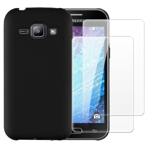 Shantime Case with 2 Pack Screen Protector Combo Compatible with Samsung Galaxy J1 2015, Shockproof Cover and Tempered Glass Set for Full Body Safety(Black)