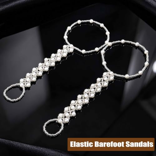 Image of Yalice 2Pcs Layered Pearl Barefoot Sandals Elastic Beaded Foot Chain with Toe Ring Bridal Beach Wedding Foot Jewelry for Women