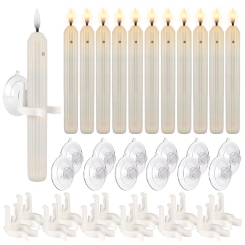 Image of 12 Flameless Led Taper Windows Candles with Sensor Dusk to Dawn & Ivory Striped Candlesticks with Suction Cups, Roman Column Christmas Window Candle Battery Operated for Home Decor