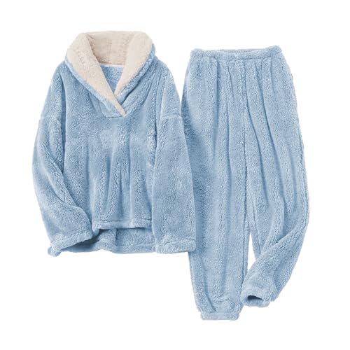 SeeLuNa Womens Fluffy Pajamas Set Fleece Pullover Pants Oversized Plush Sleepwear Cozy Fuzzy Loungewear Loose Warm Pjs Sets(Blue,XS)