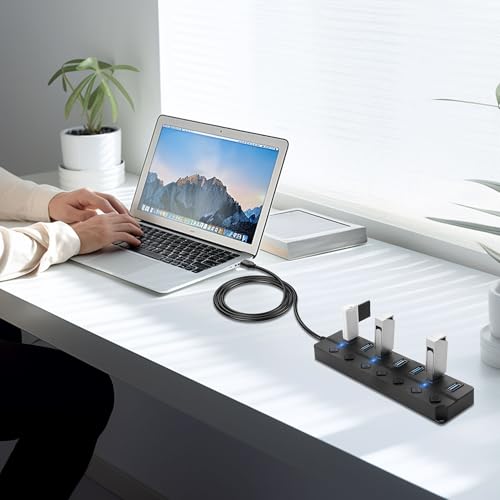 CERRXIAN USB Hub, 7Port USB Hub Splitter with Individual On/Off LED Switches 6.6ft/2m Long Cable, Multi Port Expander, Fast Data Transfer USB Splitter for Laptop, PC,Mobile HDD - Thumbnail 6