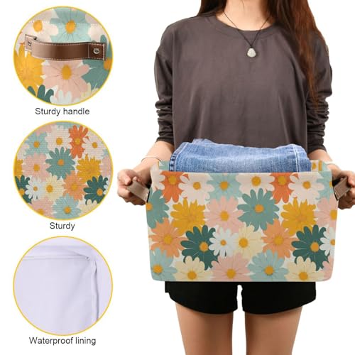 Image of Aslsiy Storage Basket Colorful Daisies Retro Groovy Flower (4) Nursery Bins Baby Canvas Box Clothes Shelf Basket Laundry Hampers 1 Pcs