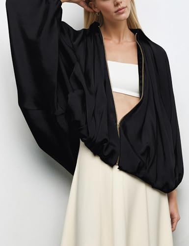 Women’s Oversized Bomber Jacket Batwing Sleeve Puffed Zip Up Lapel Collar Pleated Peplum Hem Coat Outerwear2