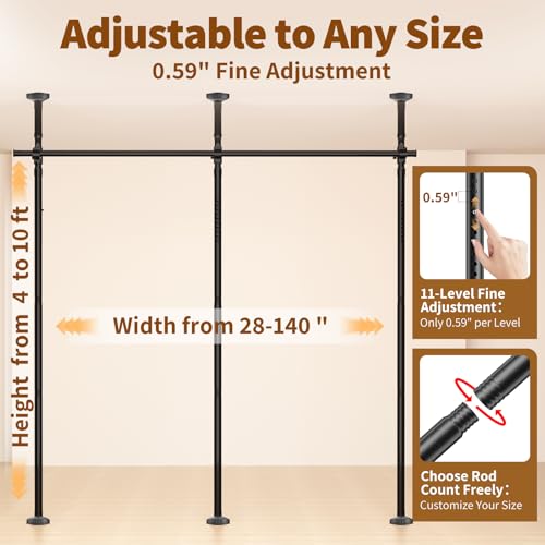 Image of Room Divider for Room Separation,4-10ft(H) 28-140inch(W) Adjustable Temporary Privacy Wall Divider, Tension Curtain Rods No Drilling, Heavy Duty Partition Space Separator Freestanding,Black