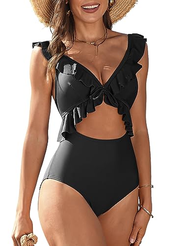Sociala Womens Ruffle One Piece Swimsuit Cutout Strappy Monokinis Swimwear Bathing Suits Medium Black #TOP14