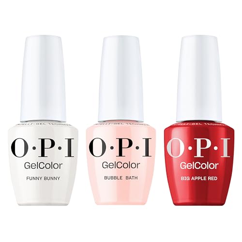 OPI GelColor Iconic Shades Gel Nail Polish Trio Bundle | Funny Bunny, Sheer Soft White + Bubble Bath, Sheer Nude Pink + Big Apple Red, Opaque Bright Red Crème UV Cure Gel Nail Polish Colors