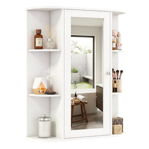 Tangkula Bathroom Medicine Cabinet, Wall Mounted Storage Cabinet with Mirror Door, Removable & 3 Adjustable Shelves, Wooden Hanging Wall Mirror Cabinet for Bathroom Living Room Laundry (White)