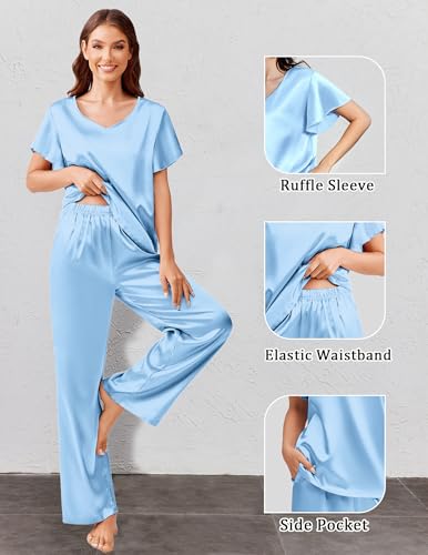 Image of Ekouaer Women's Satin Silky Pajama Set 2 Piece Short Sleeve Shirt with Long Pants Pjs Sets Soft PJ Loungewear S-XXL