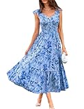GRACE KARIN Womens Floral Summer Dress Pockets, V-Neck Ruffled Sleeves Smocked A-Line Dresses for Women UK, Wedding Guest Holiday Dresses Boho Beach Blue-Blue Floral M