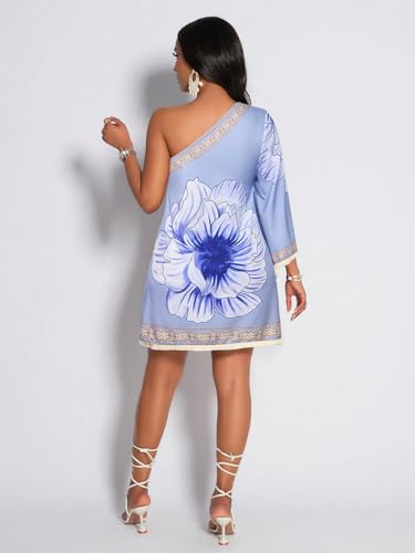 Image of KATECLO Women's One-Shoulder Boho Mini Dress - Asymmetrical Sleeve Floral Print Summer Shift Dress with Border Trim