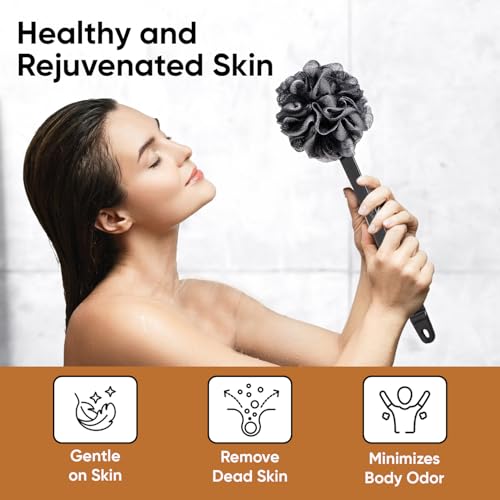Image of Vega Luxury Black Bath Brush with Long Handle | Ultra Soft & Firm Bristles | Body Scrubber for Dead Skin Removal, Back & Full Body Cleaning | Exfoliating Back Bath Brush for Men & Women (BA-1 /8)