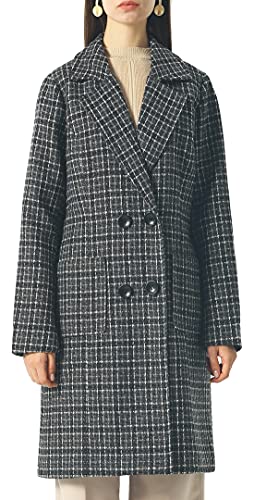 Image of chouyatou Women Elegant Notched Collar Double Breasted Wool Blend Over Coat (Medium, Black-Plaid)