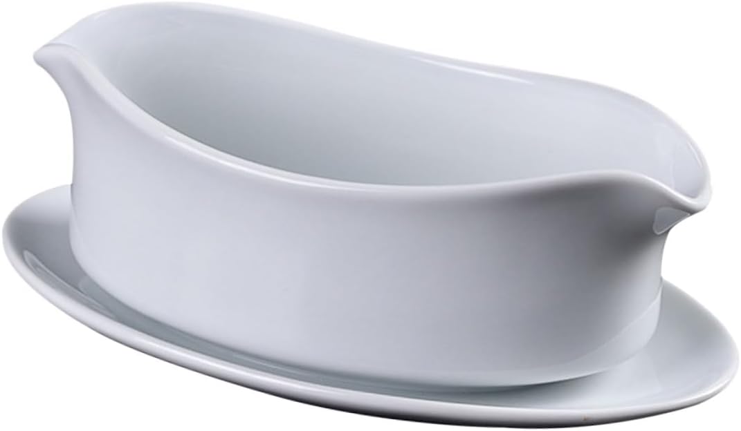Luxshiny Ceramic Gravy Boat Tray White Sauce Container for Western Cuisine Dripless Spout for Serving Sauces Dressings and Gravy 1-Piece Set