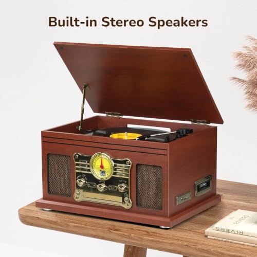 Image of FEKTIK Bluetooth Record Player 10 in 1, 3-Speed Turntable for Vinyl with Speakers, LP to MP3 Converter, CD, Cassette Player, FM Radio, Wireless Streaming | Mahogany