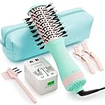 Travel Hair Dryer Brush Dual Voltage Blow Dryer in One, 2 inch Mini Hot Air Styling Tool, Hair Volumizer/Straightener/Curler with Universal Adapter, European Travel Size Styler