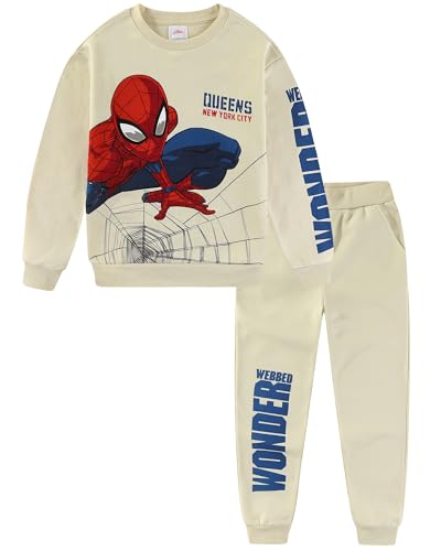 Marvel Spider-Man Boys 2 Piece Fleece Crewneck Top and Pants Set for Big Kids, Beige, 5