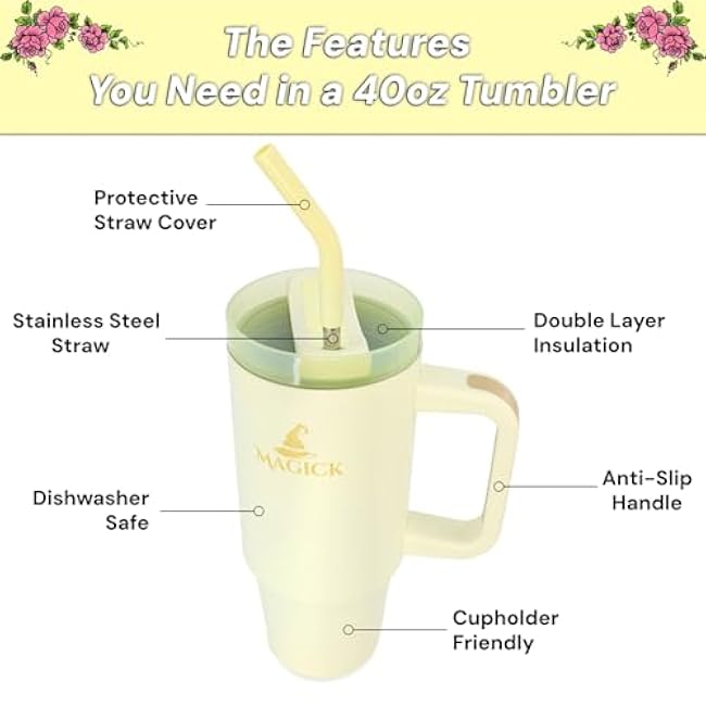 Magick Tumbler ¨C 40oz Insulated Stainless Steel Tumbler with Handle, Lid & Straw, Dishwasher Safe ¨C Hot & Cold Drink Travel Mug for Coffee, Water, Tea, and Smoothies
