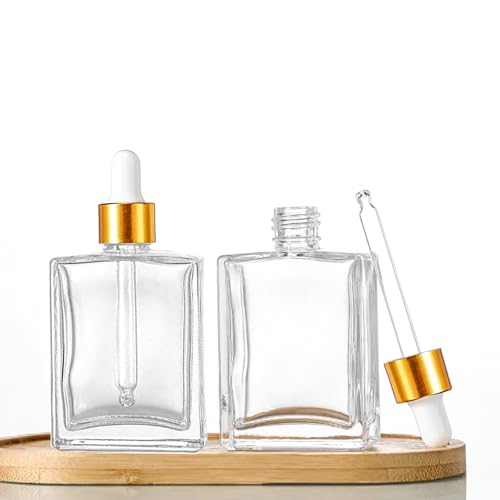 6 Pack 1.7oz Clear Square Glass Dropper Bottles, 50ml Empty Square Perfumes Bottles with Eye Droppers, for Essential Oils,Liquids, Tincture Bottle (Clear -Golden Cap)2
