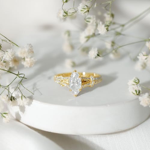 Certified 5X10 mm Moissanite Designer Engagement Ring, D-Vs1 Quality, Moissanite 1 Carat Ring in Yellow Gold Plated Silver3