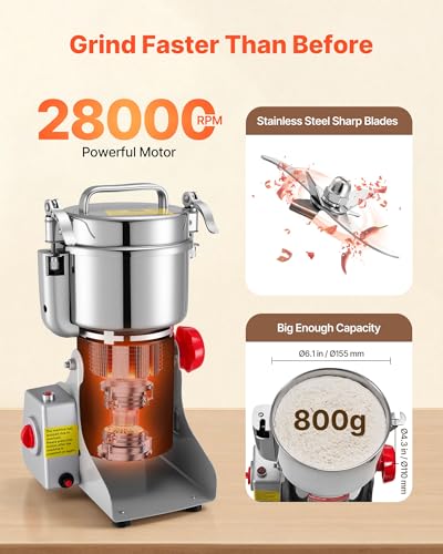 Image of VEVOR Electric Grain Mill Grinder, 1.8 lbs Commercial Spice Grinders, High Speed 2100W Stainless Steel Pulverizer Powder Machine, for Dry Grains, Spices, Cereals, Coffee, Corn & Pepper, Swing Type