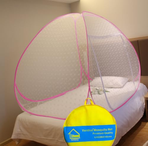 Image of VERDIOZ WITH DEVICE White Embroidery Mosquito Net for Single Bed Size Machardani Foldable, for Adult | Kids | Baby, Corrosion Free Wire with Saviour Kit (Single Bed Size, 120X200X145 cm, Pink)