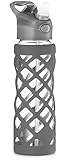 Swig Savvy Glass Water Bottle, Extra Large 25oz Capacity, Non Slip Silicone Sleeve, Borosilicate Glass Construction, BPA Free, 3 Interchangeable Caps -gray
