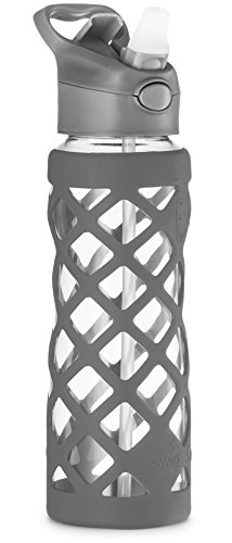 Swig Savvy Glass Water Bottle, Extra Large 25oz Capacity, Non Slip Silicone Sleeve, Borosilicate Glass Construction, BPA Free, 3 Interchangeable Caps -Gray