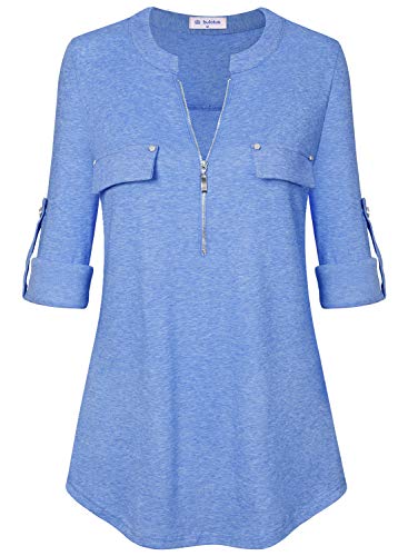 Image of Bulotus 3 /4 Length Sleeve Womens Striped Tops Zipper V Neck Collared Blouses Business Casual Tunics 2026 Spring Trendy