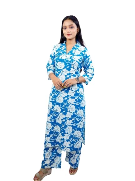 soumika Women’s Floral Print Rayon Co-Ord Set – V-Neck 3/4 Sleeve Shirt Top with Palazzo Pants | Relaxed Fit Botanical Print Kurta & Palazzo Set with Side Pocket for Casual, Office-picture-20