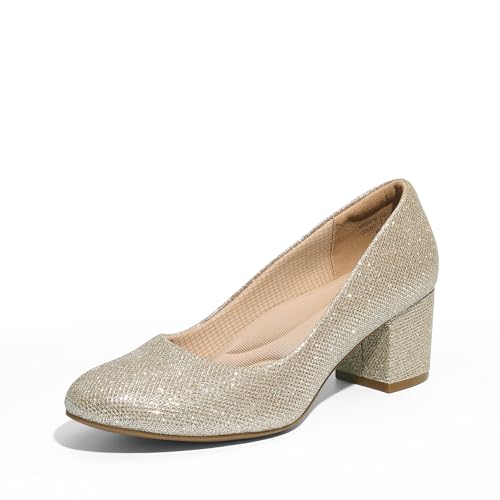 DREAM PAIRS Women's Pumps Low Chunky Block Heel Dress Shoes Closed Round Toe Comfortable Heels 6 Gold