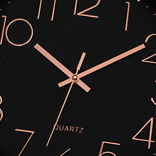 Image of Foxtop Modern Decorative Wall Clock, Silent Non-Ticking Quality Quartz Battery Operated Round Easy to Read for Home Office School (Rose Gold Plastic Frame, Black Dial, Arabic Numbers)