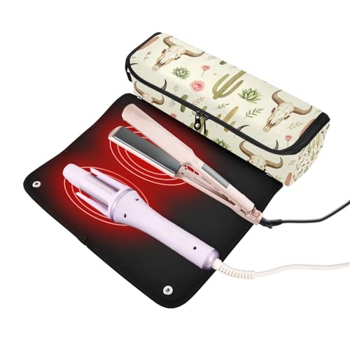 Organizador para herramientas de cabello 2 en 1 y alfombrilla resistente al calor con cierre impermeable para planchas y accesorios de cuidado capilar con diseño de calavera de toro occidental y cactus miniatura 2