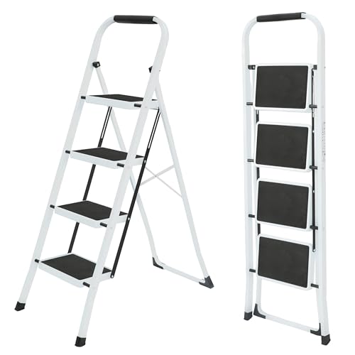 UZIRO Escalera Plegable 4 Peldaños -Estructura de Acero y Peldaño Antideslizante - Asa Superior de Goma - Escaleras Plegables Domésticas - Step Ladder para Hogar (Blanco, 4 Pedaños)