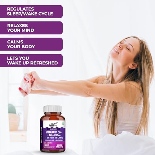 The Body Reserve Melatonin 5mg with Tagar 125mg for Natural Sleep Aid, Muscle Recovery, Nerve Relaxation, and Stress Relief Non-Habit Forming Sleep Aid for Men & Women (60 Veg Tablets) Pack of 2