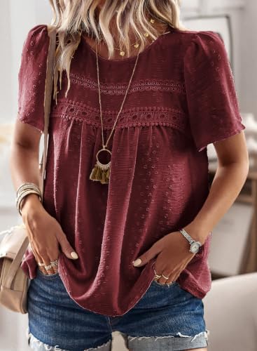 Image of Falechay Womens Summer Tops Flowy Boho Shirts Dressy Casual Short Sleeve | Crewneck Loose Fit Blouses, Hide Belly Fat, Lace Hem Ladies Tunic, Babydoll Crochet Clothes, Swiss Dot, Work, Vintage, XS-6XL