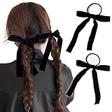 Sheepyo ベロア リボン ヘアゴム 2個セット 黒 ヘアアクセ ベルベット シュシュ ヘアアクセサリー 髪飾り リボン 結婚式 おしゃれ 髪ゴム 大人 成人式 ブラック (ブラック 2枚セット)