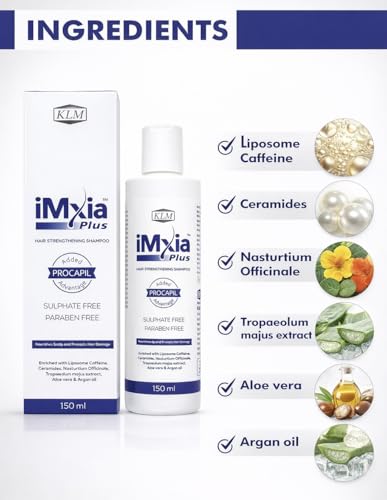 Image of iMxia Plus Hair Strengthening Shampoo with Procapil Advantage | Sulphate & Paraben Free | Helps Reduce Hair Fall & Strengthen Roots | Nourishes Scalp & Protects Hair Damage | 150 ml