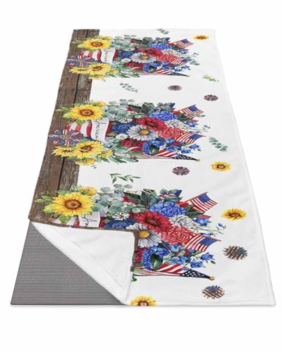 BOSIJOY Yoga Mat Towel,Independence Day Patriotic Flower Eucalyptus Leaf Non Slip Sweat Absorbent Hot Yoga Towels with Corner Pockets,USA Flag Wood Soft Microfiber Towel for Pilates Bikram 74
