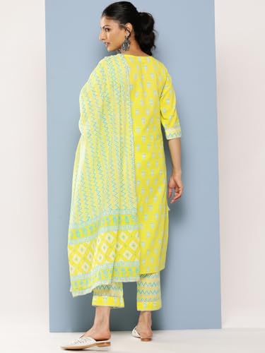 Image of Libas Yellow Yoke Design Cotton Straight Kurta with Trousers & Dupatta