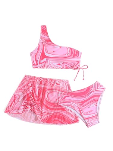 Image of Girl's 3 Piece Bikini Set Marble Print Bathing Suit One Shoulder Swimwear with Skirts Cover Ups Pink 150