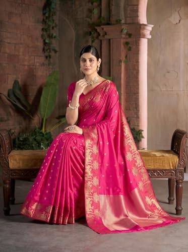 Image of MADHUHANSH Women's Cotton Silk Saree with Unstitched Blouse Piece Zari Weave and Floral Pattern | Heavy Embroidery Saree for Women | Interview Saree for Women | Readymade Blouse with Saree Set