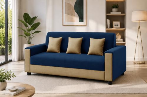 Image of 3 Seater Wooden Sofa | Velvet Fabric Couch with Cushions | Comfortable Living Room Sofa | Sturdy Wooden Frame | Home & Office Furniture | Blue & Beige